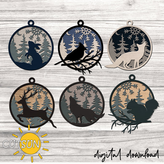 Set of six animal silhouettes in circular frames on a wooden background with 'CUTSUN' branding.