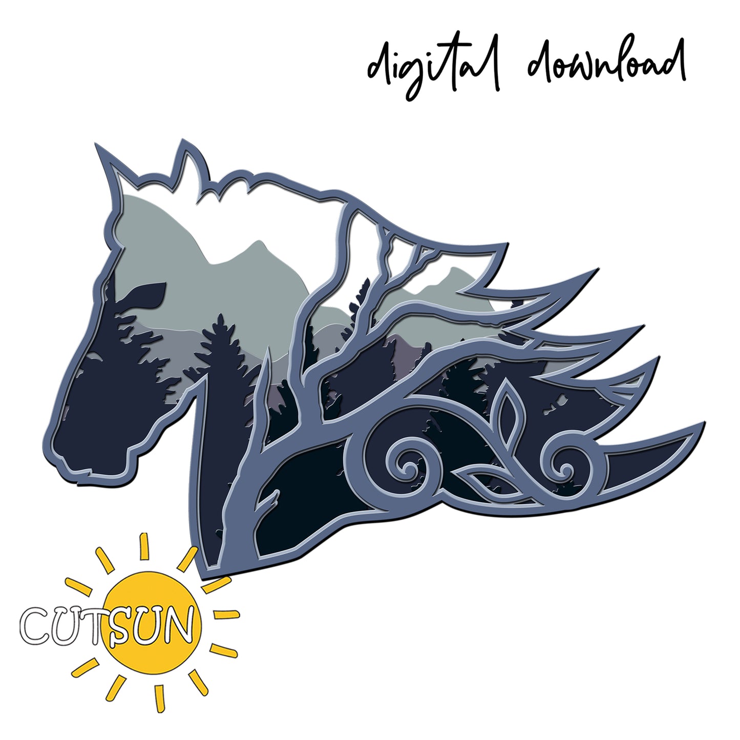Decorative horse head design with nature elements and 'CUTSUN' logo, labeled as digital download.