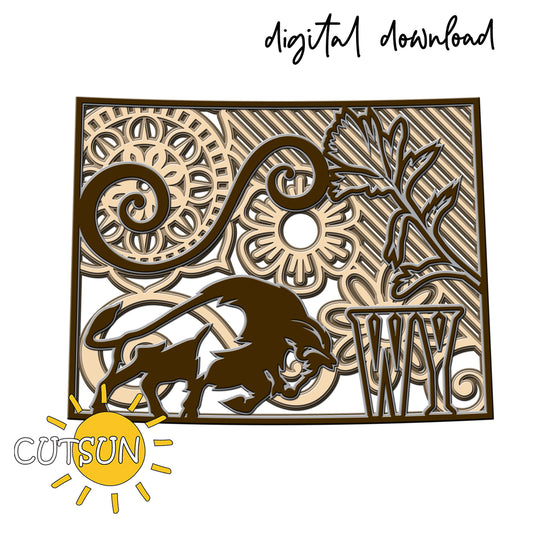 Decorative design with bison silhouette, floral elements, and geometric patterns on a white background.