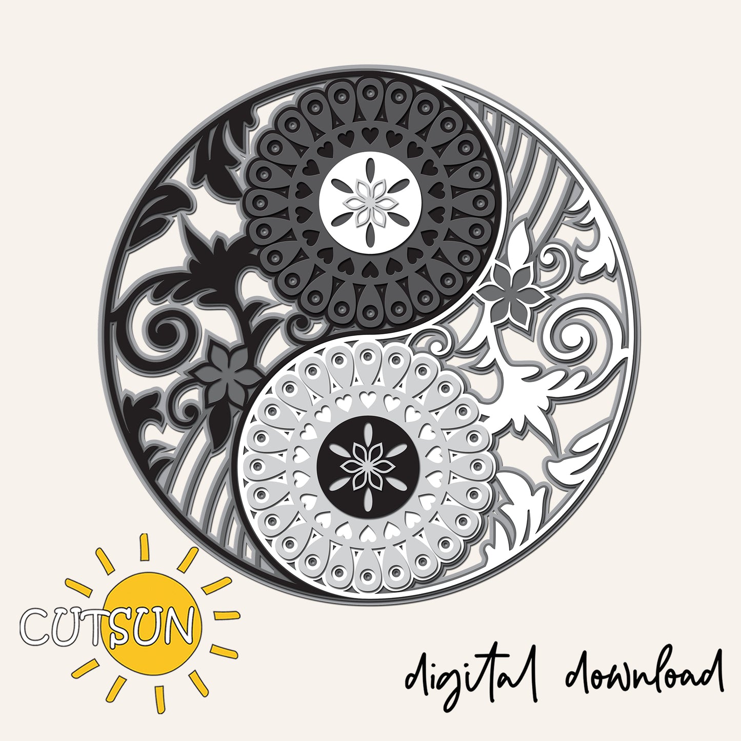 Decorative yin yang symbol with floral elements on a beige background, featuring the brand 'CUTSUN'.