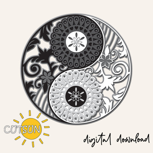 Decorative yin yang symbol with floral elements on a beige background, featuring the brand 'CUTSUN'.