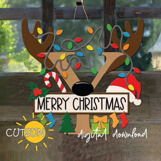 Laser cut Christmas door sign - monogram letter Y with antlers, Christmas lights, candy cane, holly berry, a Christmas tree, a present, Santa hat and four stockings.