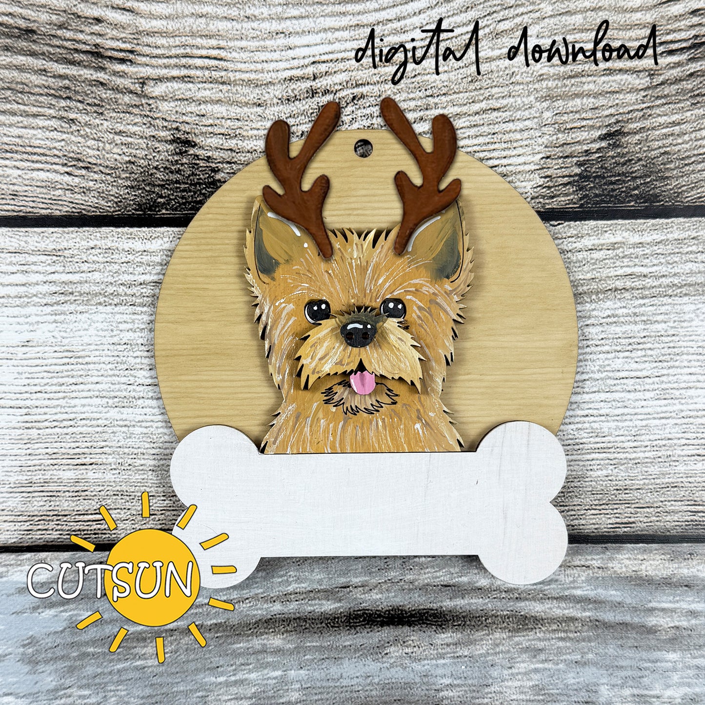 Layered Yorkie Dog Ornament SVG with Bone Name Tag and Festive Hats