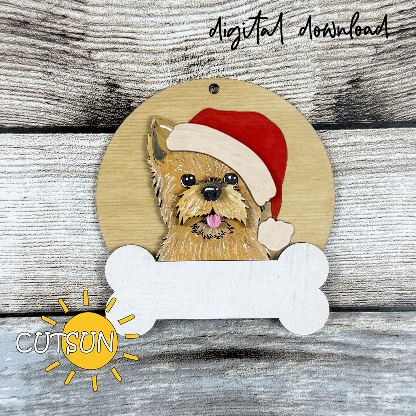 Layered Yorkie Dog Ornament SVG with Bone Name Tag and Festive Hats