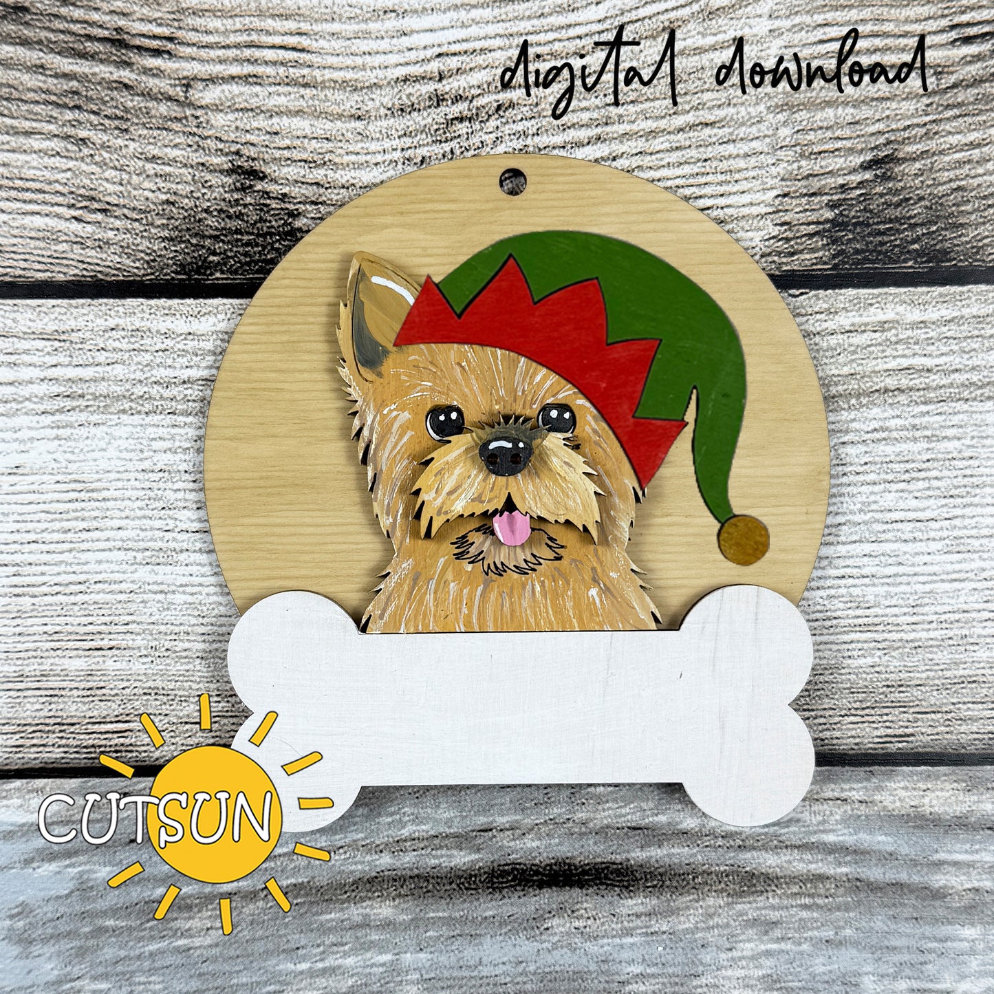 Layered Yorkie Dog Ornament SVG with Bone Name Tag and Festive Hats
