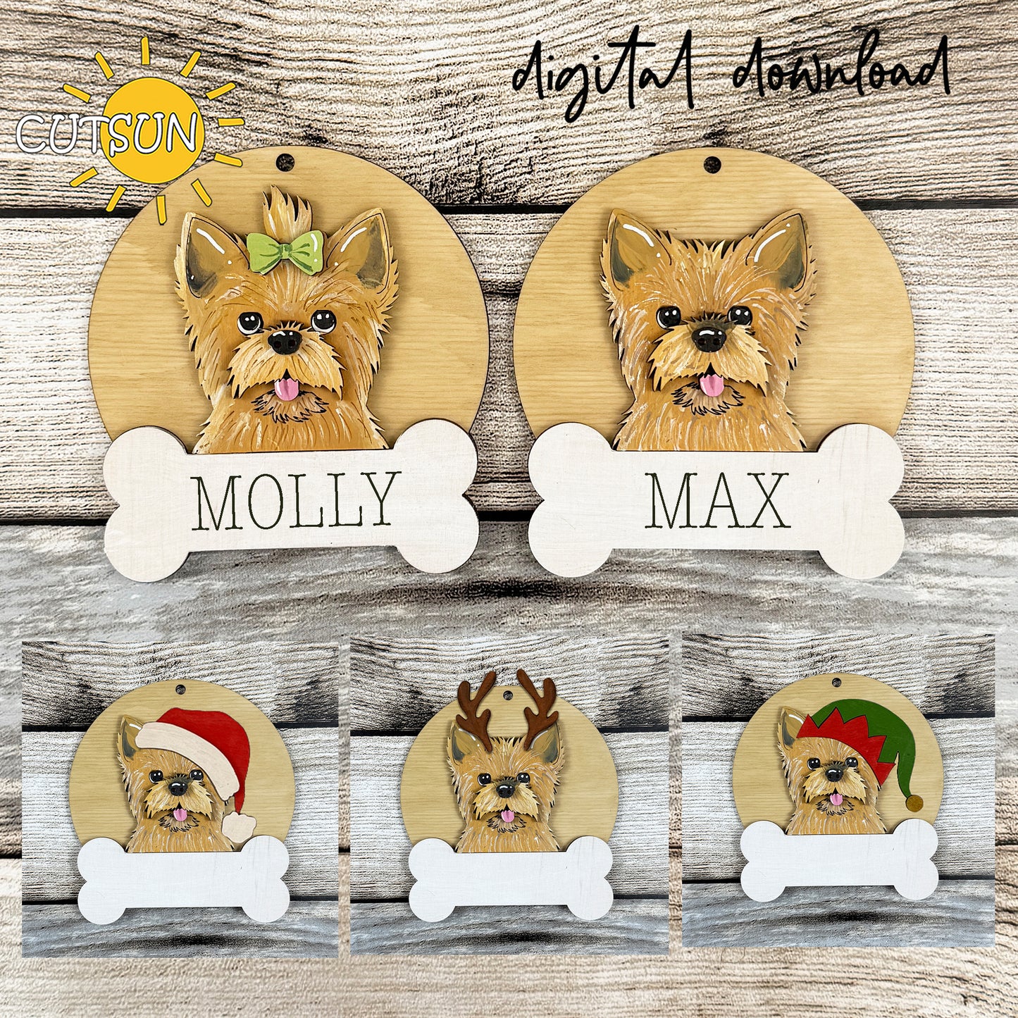 Layered Yorkie dog Christmas ornament SVG with round base, bone name tag and three festive hat options displayed on wood background.