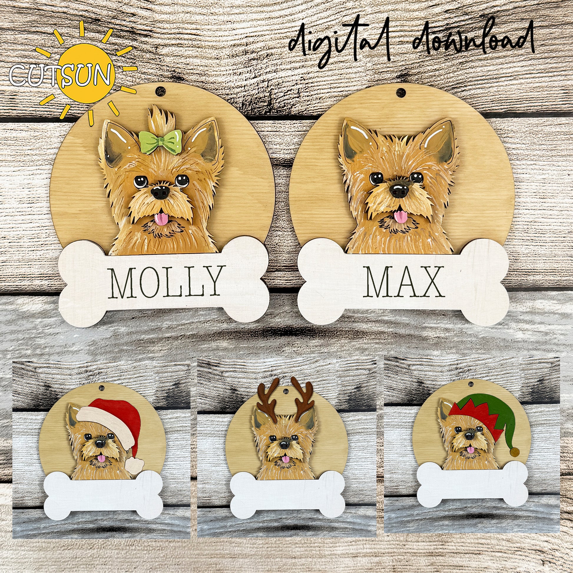 Layered Yorkie dog Christmas ornament SVG with round base, bone name tag and three festive hat options displayed on wood background.