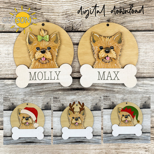 Layered Yorkie dog Christmas ornament SVG with round base, bone name tag and three festive hat options displayed on wood background.