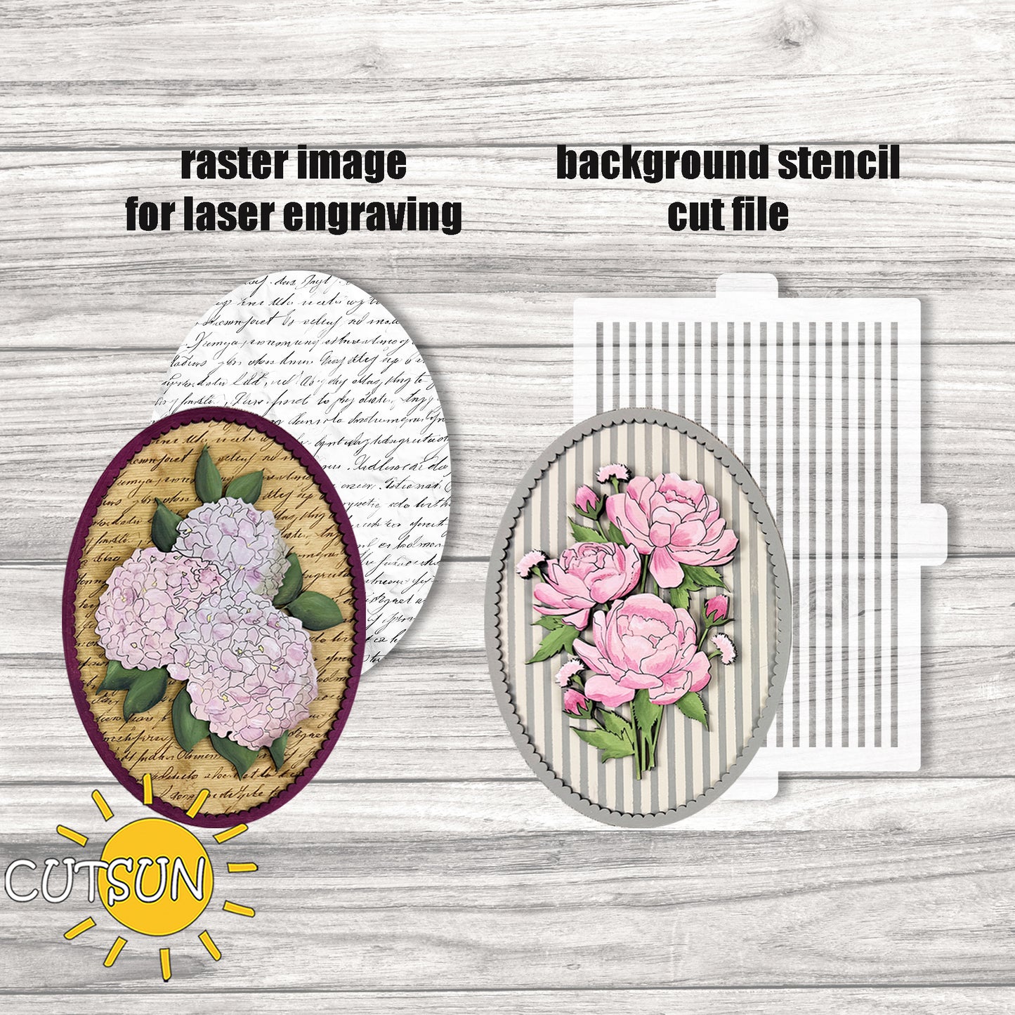 Peonies & Hydrangeas Oval Frame Add-On SVG | Floral Insert + Engraving Background + Stencil Background | Laser Cut File Digital Download