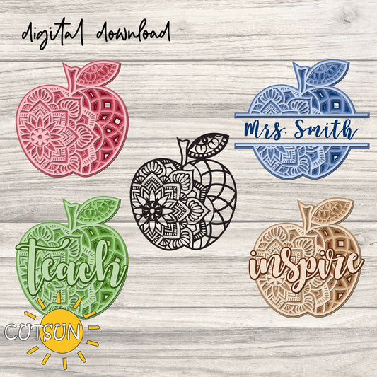 A collection of five digital layered cutting files for crafting machines, featuring stylized apple designs with the words 'Teach' and 'Inspire' in the center.