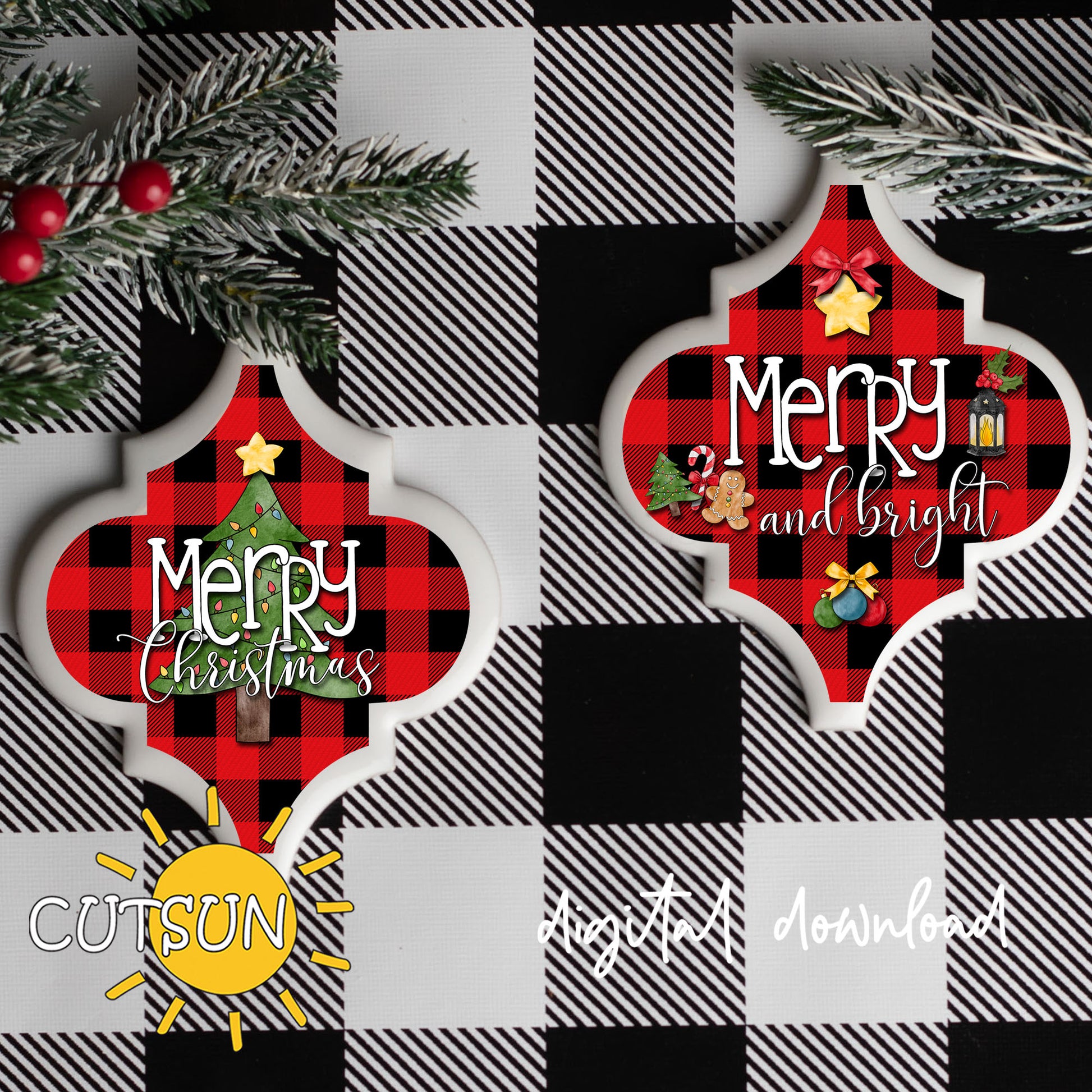 Decorative Christmas ornament with 'Merry Christmas' and 'Merry and bright' text on a checkered background.