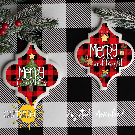 Decorative Christmas ornament with 'Merry Christmas' and 'Merry and bright' text on a checkered background.