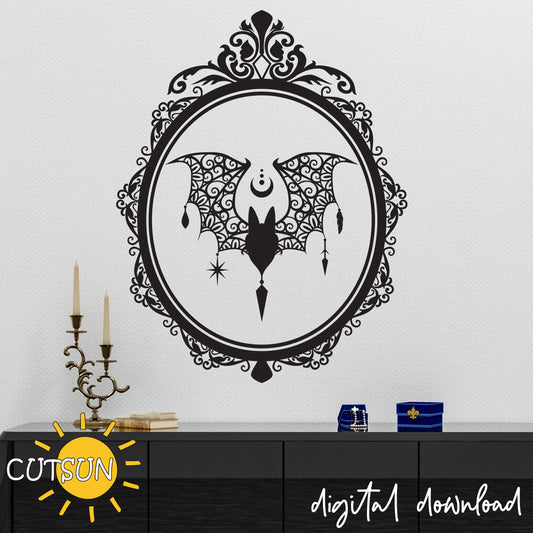 A digital illustration of an ornate oval frame with a bat design, compatible with craft-cutting machines or for printing on transfer paper, labeled as 'Digital Download'.