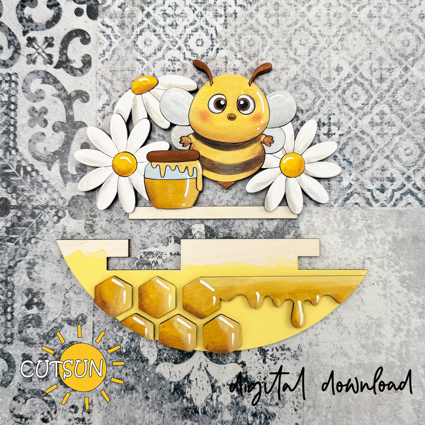 Bee Welcome Round Sign Add-On SVG for Interchangeable Decor | Honey Bee Daisy Laser Cut File