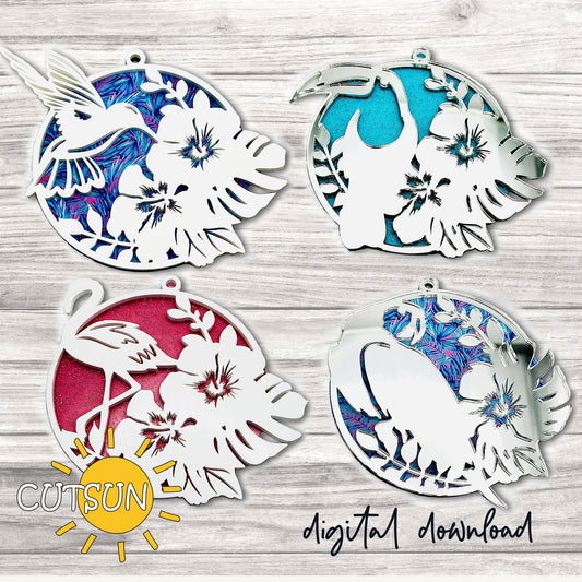 Four decorative cutout designs of birds and flowers on a wooden surface with 'CUTSUN' branding.