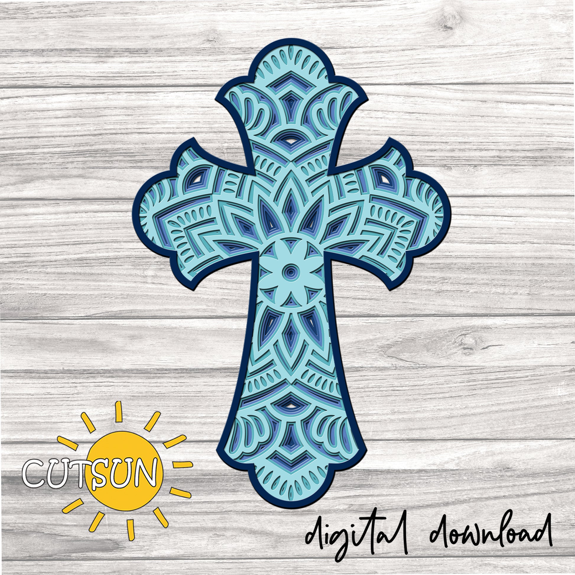 Layered decorative mandala-cross on a wooden background, laser cut file