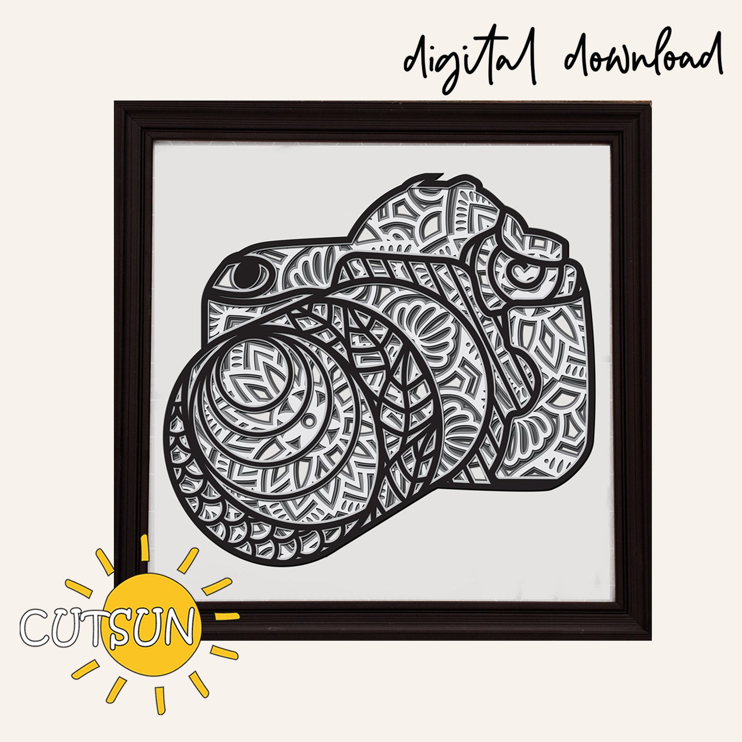 Framed black and white illustration of a camera with intricate patterns, featuring 'CUTSUN' logo.