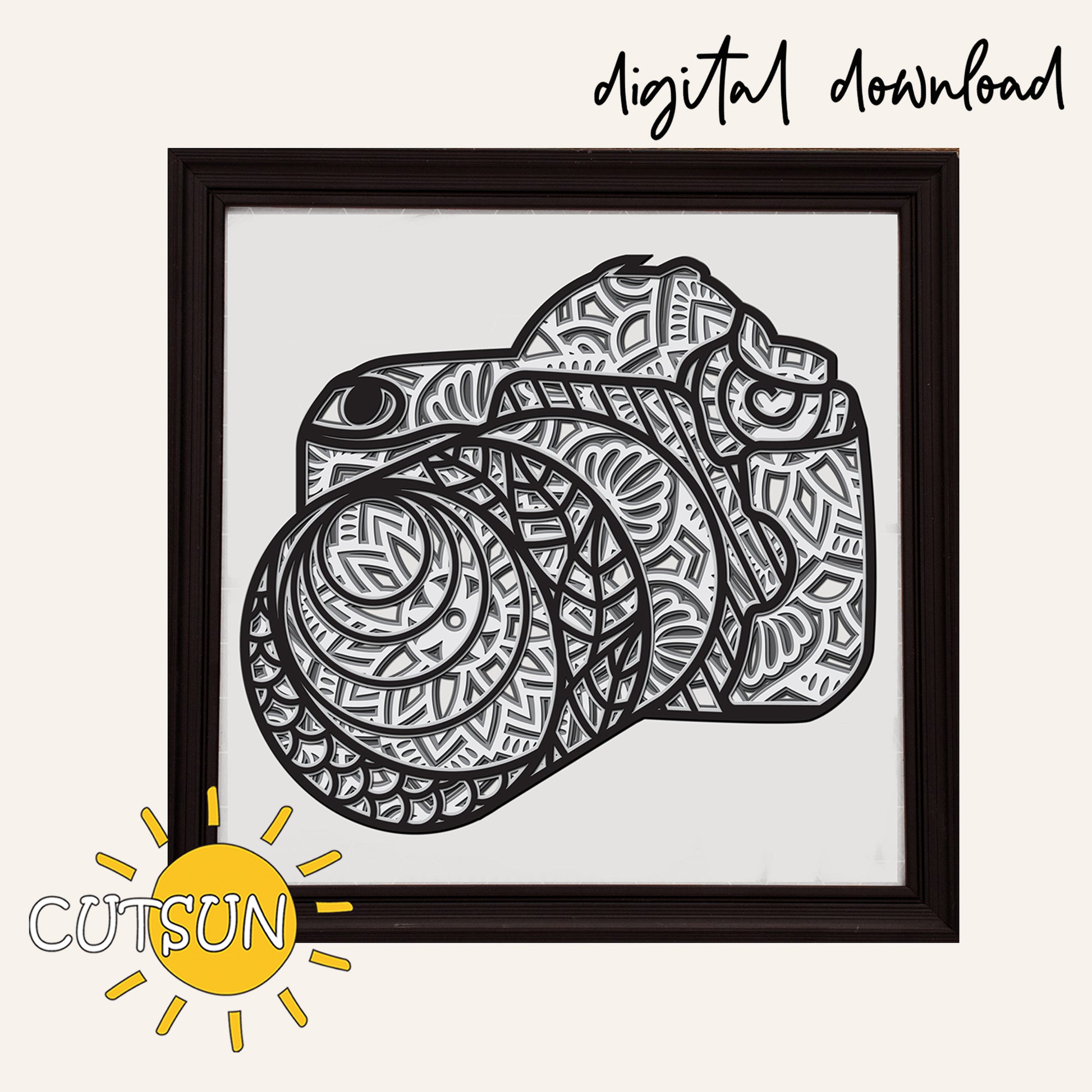 Framed black and white illustration of a camera with intricate patterns, featuring 'CUTSUN' logo.