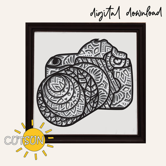 Framed black and white illustration of a camera with intricate patterns, featuring 'CUTSUN' logo.