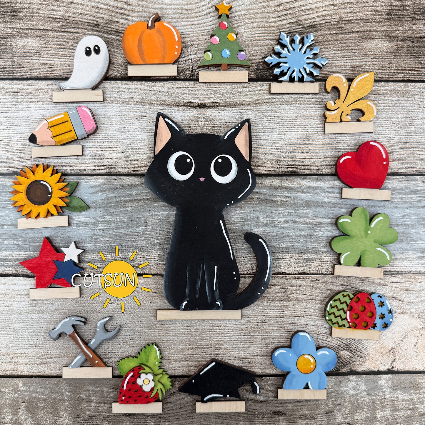 Interchangeable Cat Shelf Sitter SVG – Cute Sitting Cat Interchangeable Decor + 15 add-ons