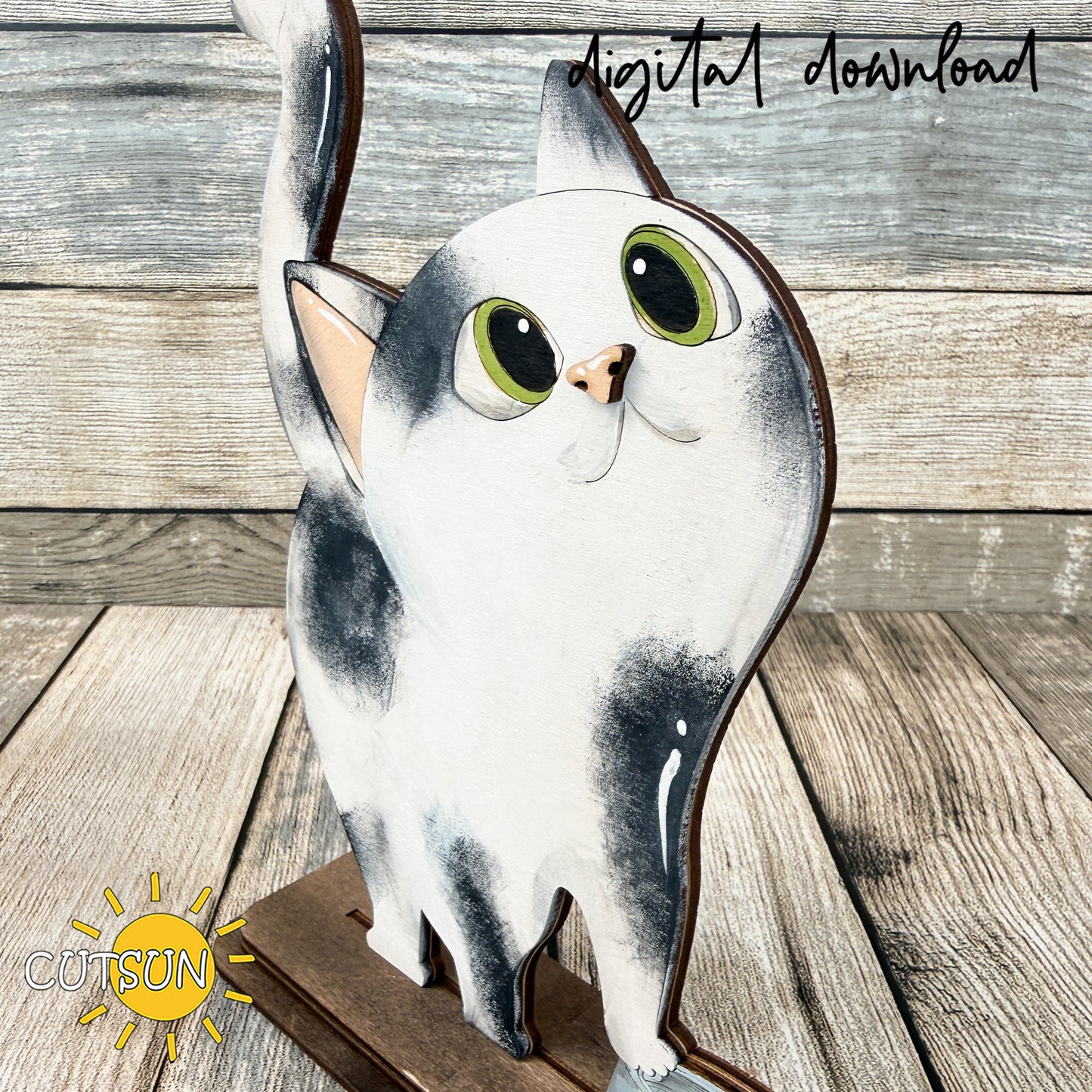 Hungry Cat Shelf Sitter SVG – Layered Laser Cut File for Pet Lover Decor
