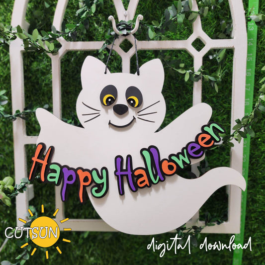 Halloween Door sign with a cat ghost and Happy Halloween - laser cut file
