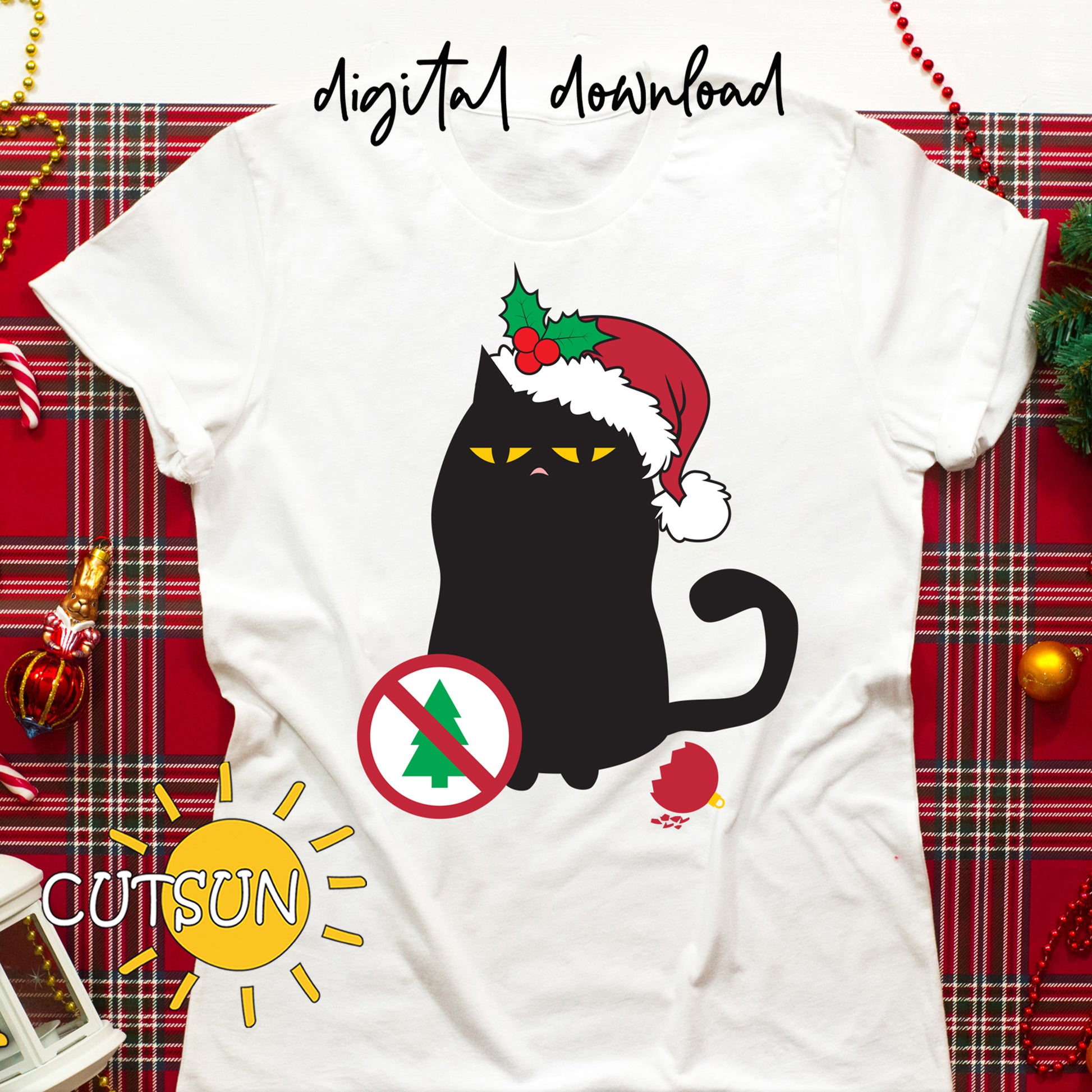 Grumpy black cat with a Santa hat, sitting next to a broken Christmas toy