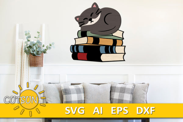 Cat on books door hanger / wall decor SVG Glowforge svg Laser cut file