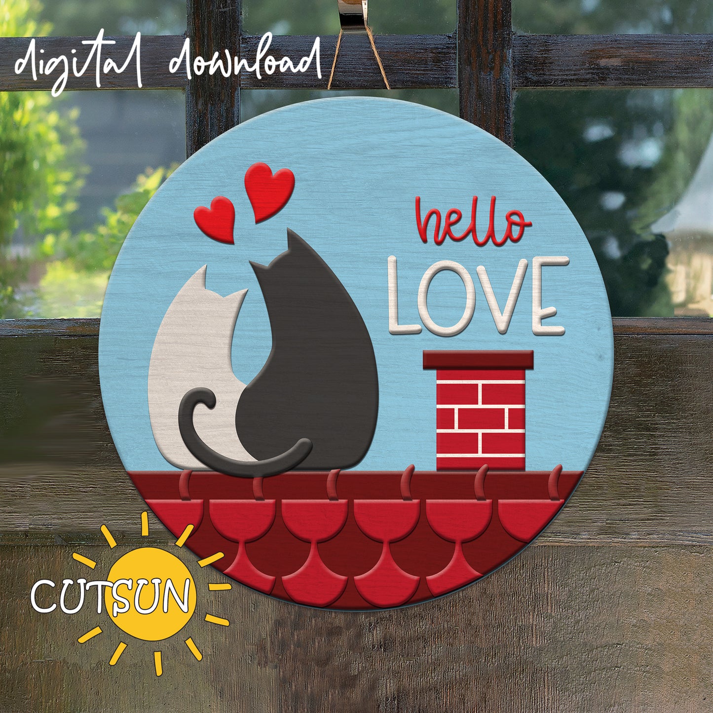 Decorative sign with cats, hearts, and 'hello LOVE' text on a wooden background.
