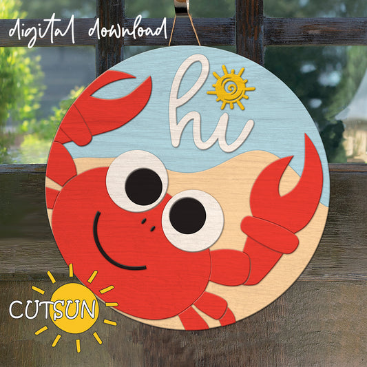 Round laser-cut door sign featuring a smiling red crab waving with the word “hi” and a small sun above, set against a beach background.