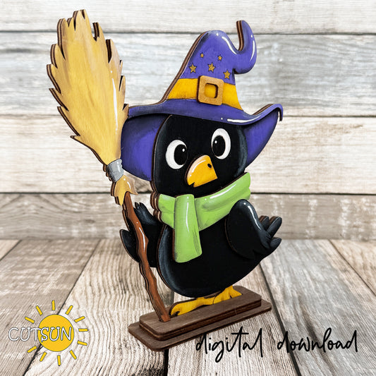 Witch Crow Shelf Sitter SVG | Halloween Crow Decor Laser Cut File | Layered Halloween Shelf Sitter | Digital Download