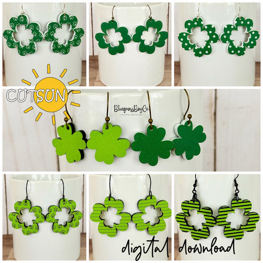 Collage of green shamrock earrings with 'Cutsun' branding.