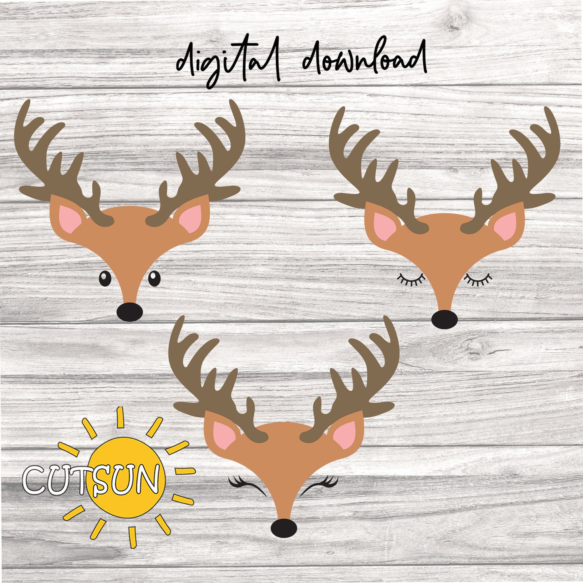 Three cartoon deer faces with antlers on a wooden background, featuring the brand 'CUTSUN'.