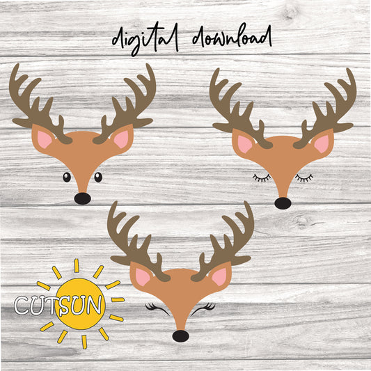 Three cartoon deer faces with antlers on a wooden background, featuring the brand 'CUTSUN'.