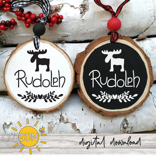 Wood slice ornaments with a reindeer and a reindeer's name