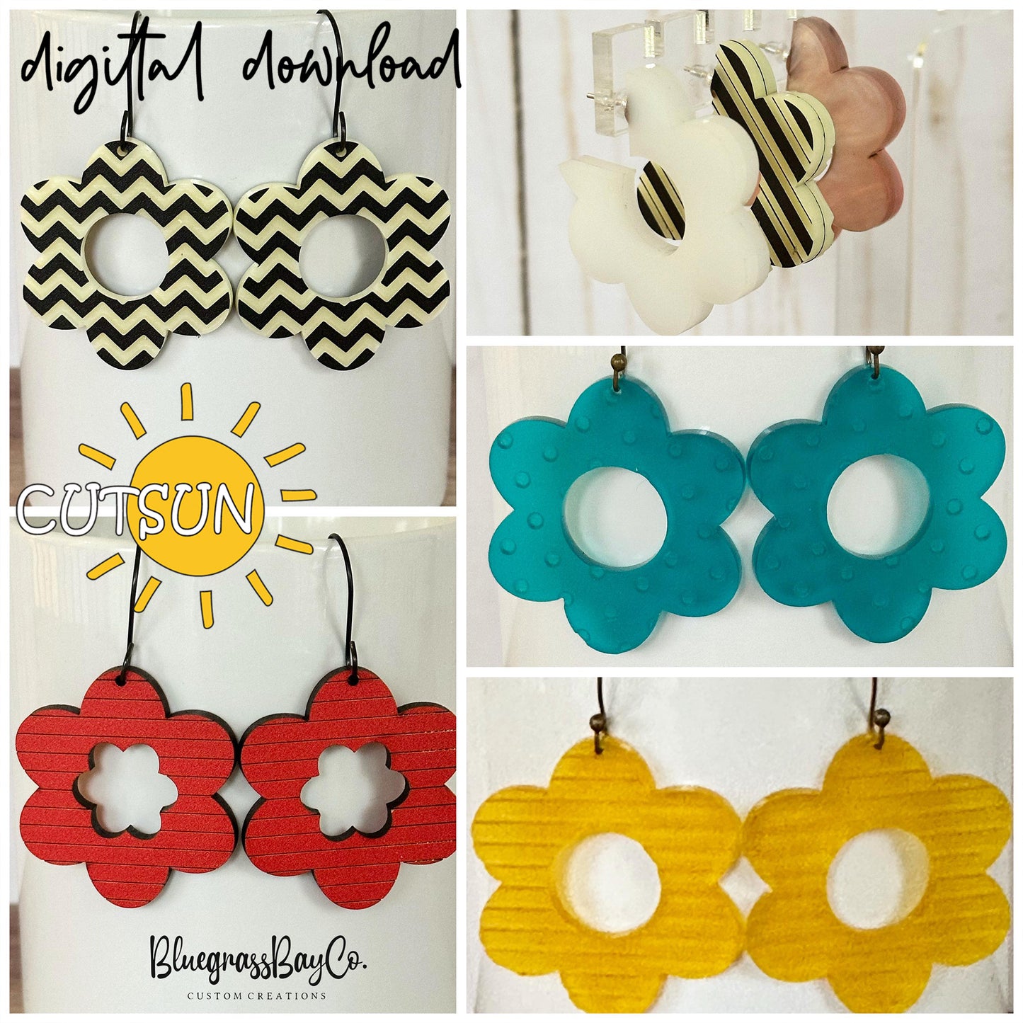 Patterned Flower Dangle Earrings SVG Bundle | Floral Laser Jewelry Cut Files