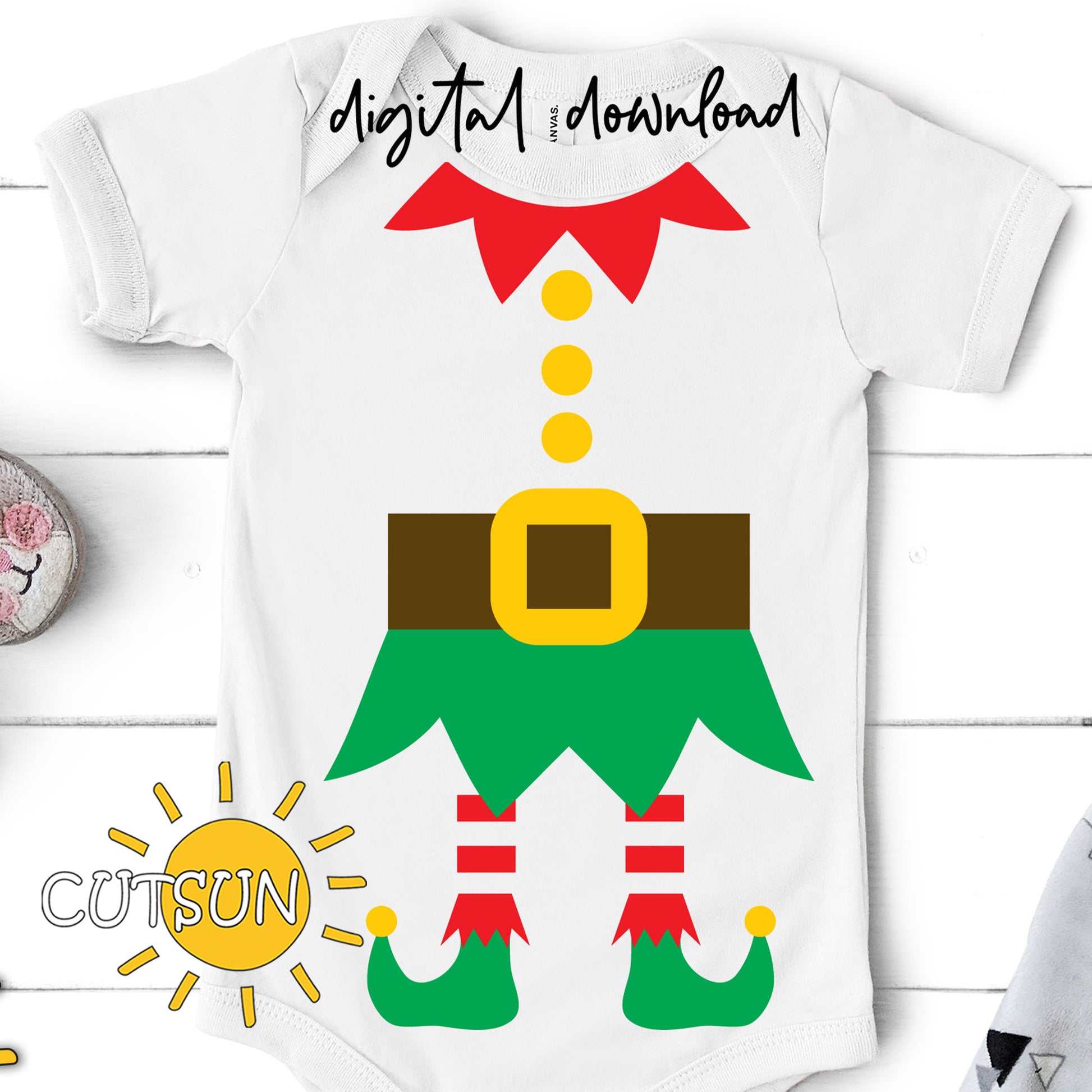 White t-shirt with elf design and 'digital download' text on a white background