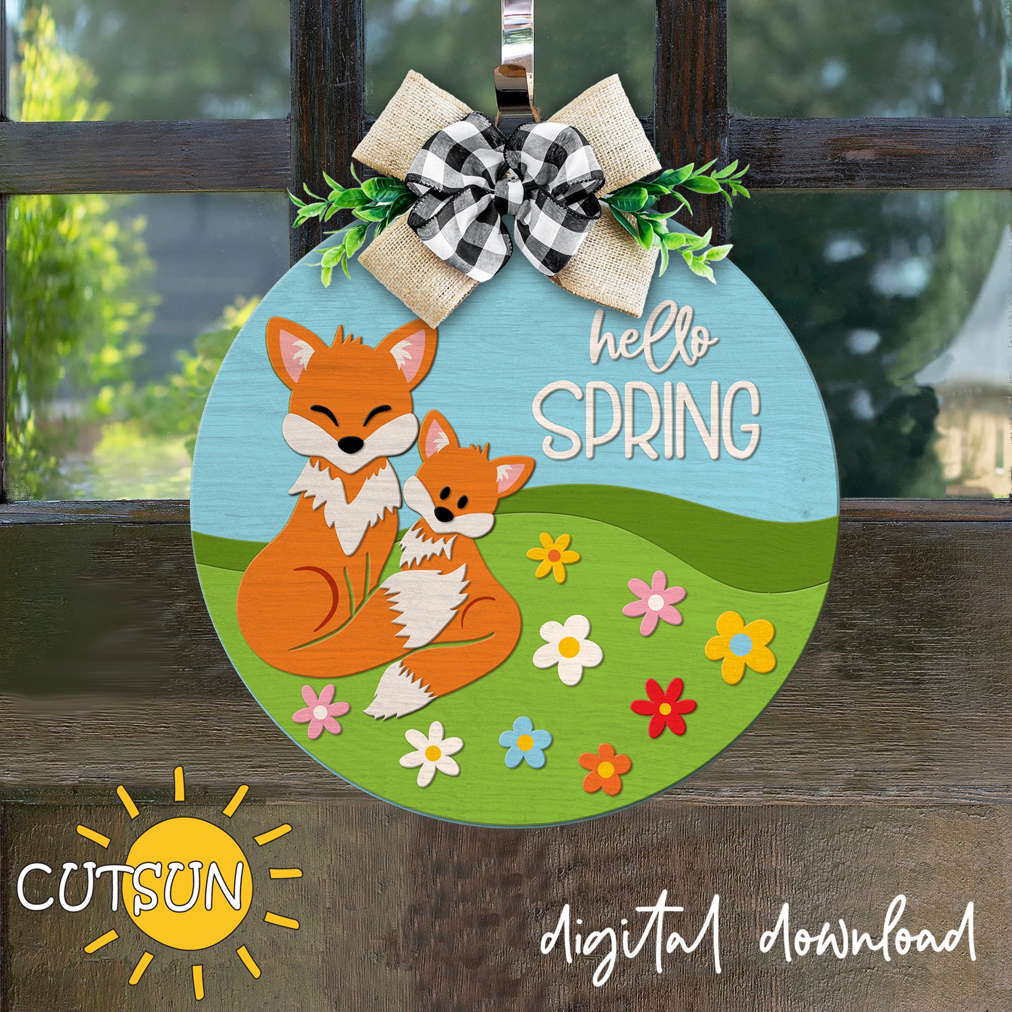 Hello Spring door hanger SVG Cute foxes welcome sign Glowforge svg las ...