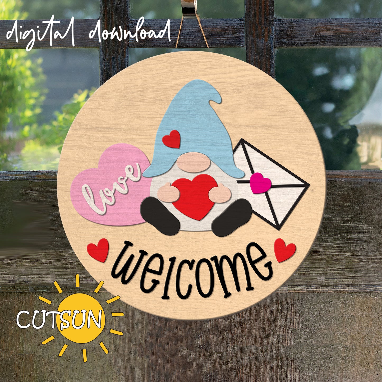 Decorative sign with a gnome, hearts, and 'Welcome' text on a wooden background.