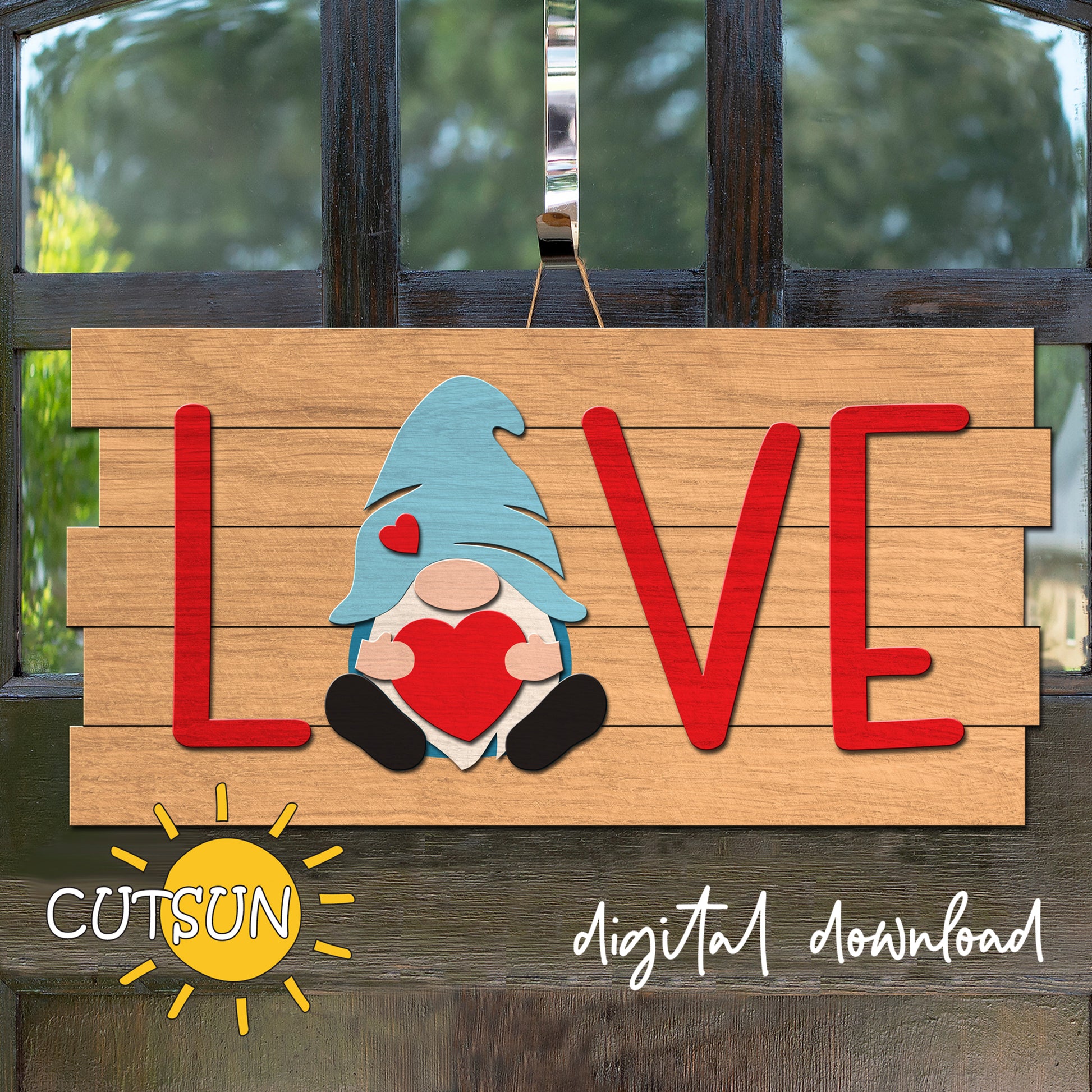 Wooden sign with a gnome holding a heart and the word 'LOVE' on a wooden background.