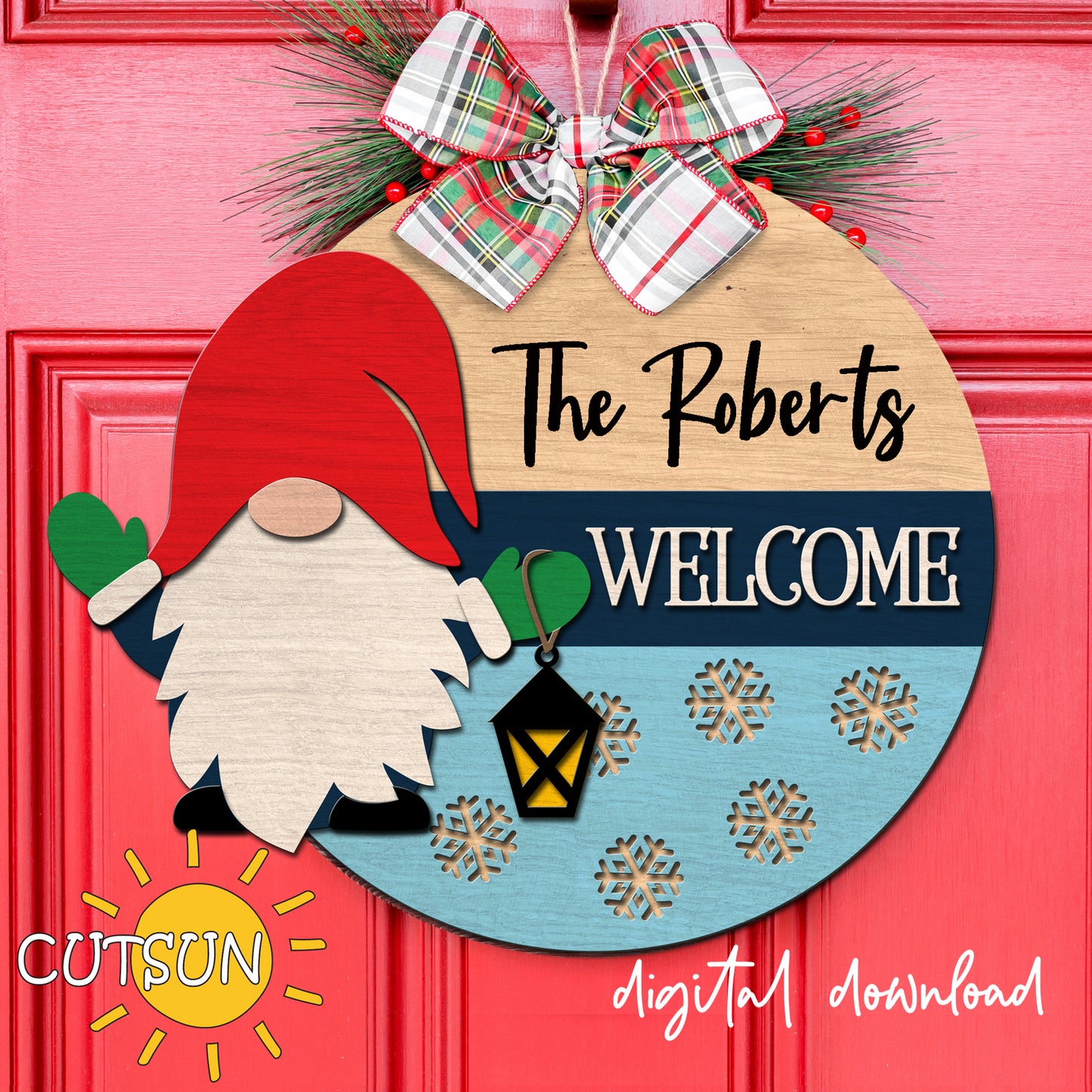 Decorative sign with a gnome, lantern, and 'The Roberts Welcome' text on a red door.
