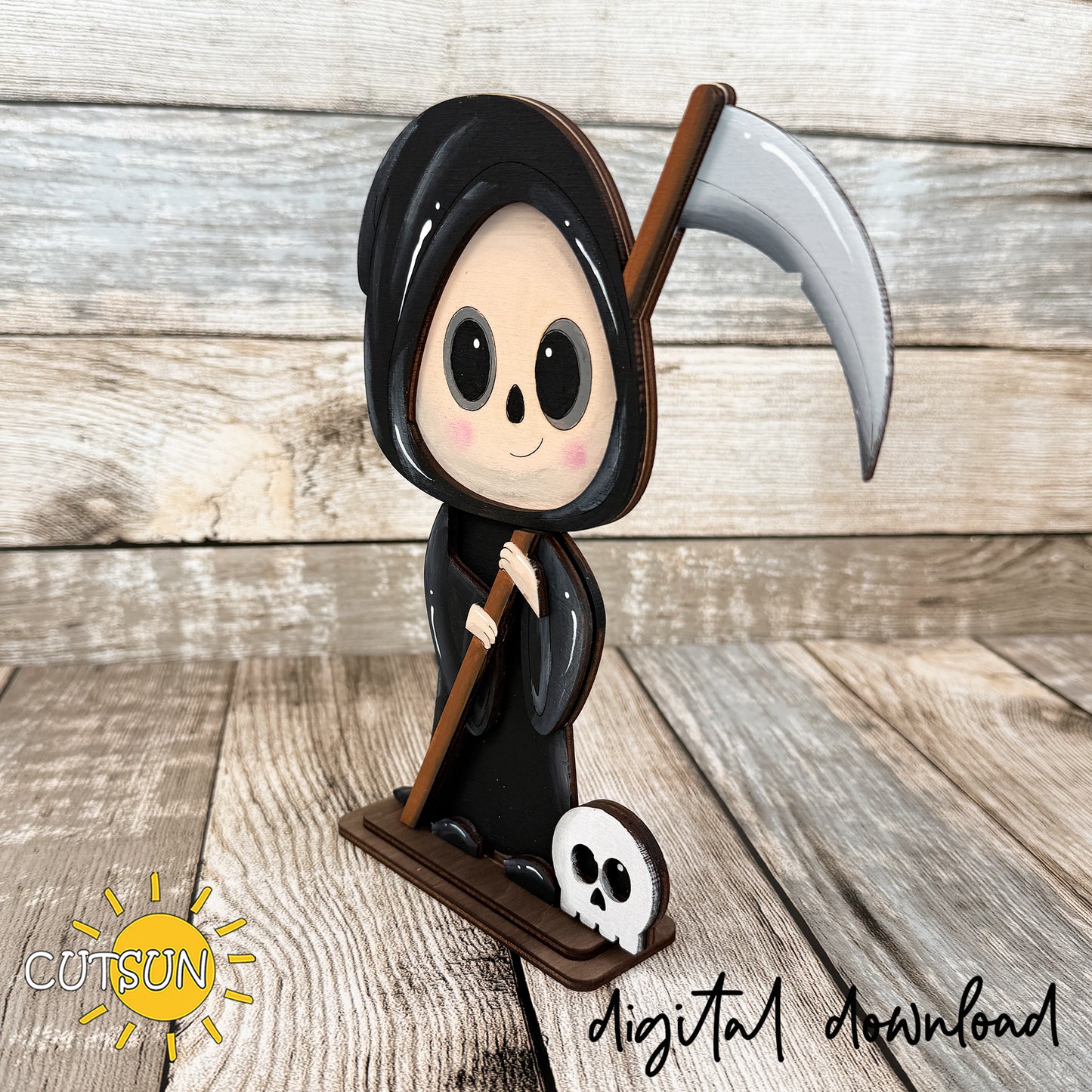 Cute Grim Reaper Shelf Sitter SVG | Halloween Laser Cut File | Freestanding Halloween Decor