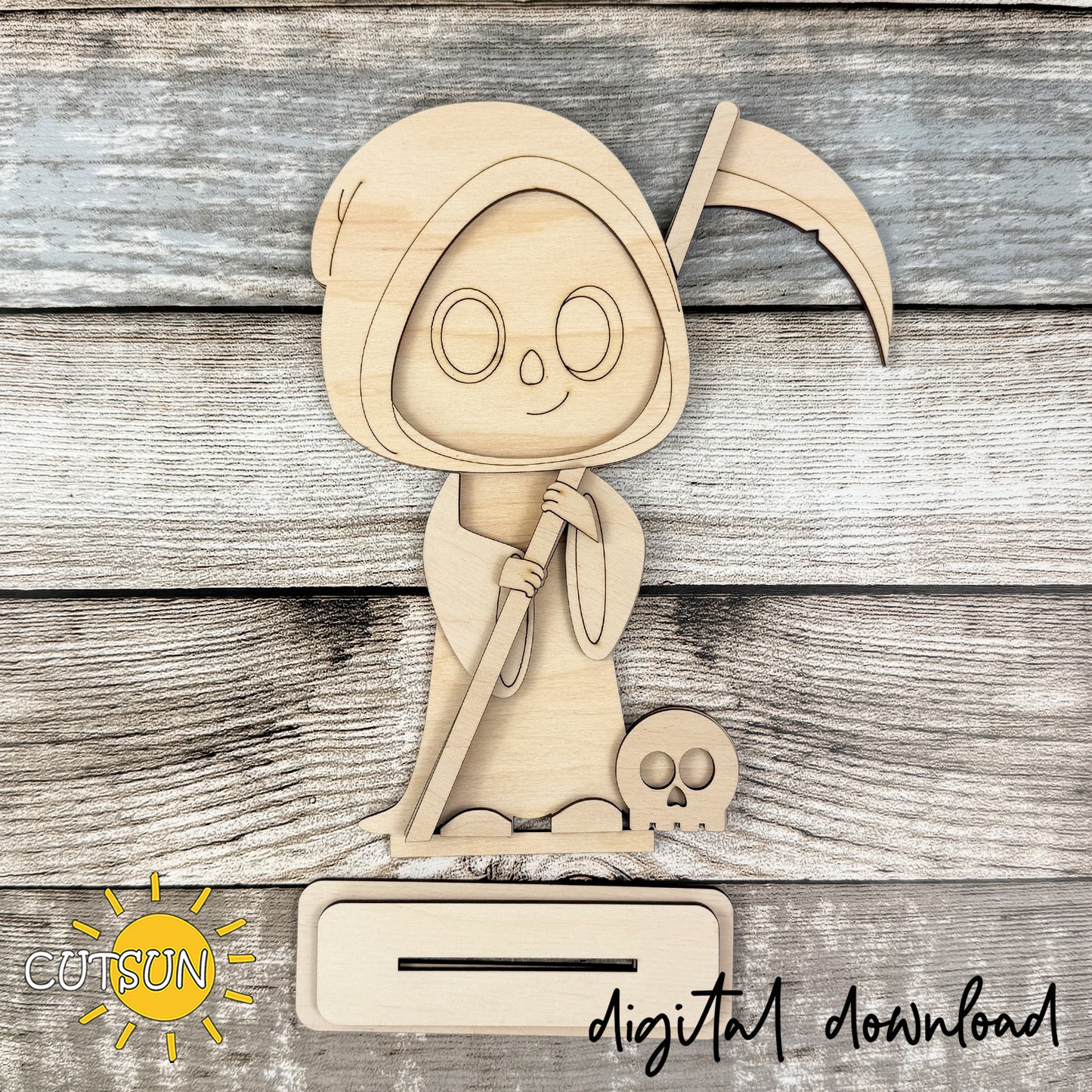 Cute Grim Reaper Shelf Sitter SVG | Halloween Laser Cut File | Freestanding Halloween Decor