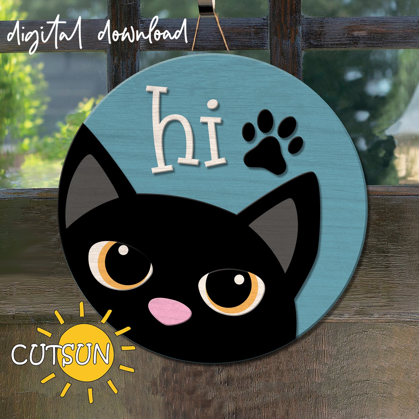 Digital download for a round door hanger featuring a grumpy cat peeking from the side, a paw print and the word 'hi".