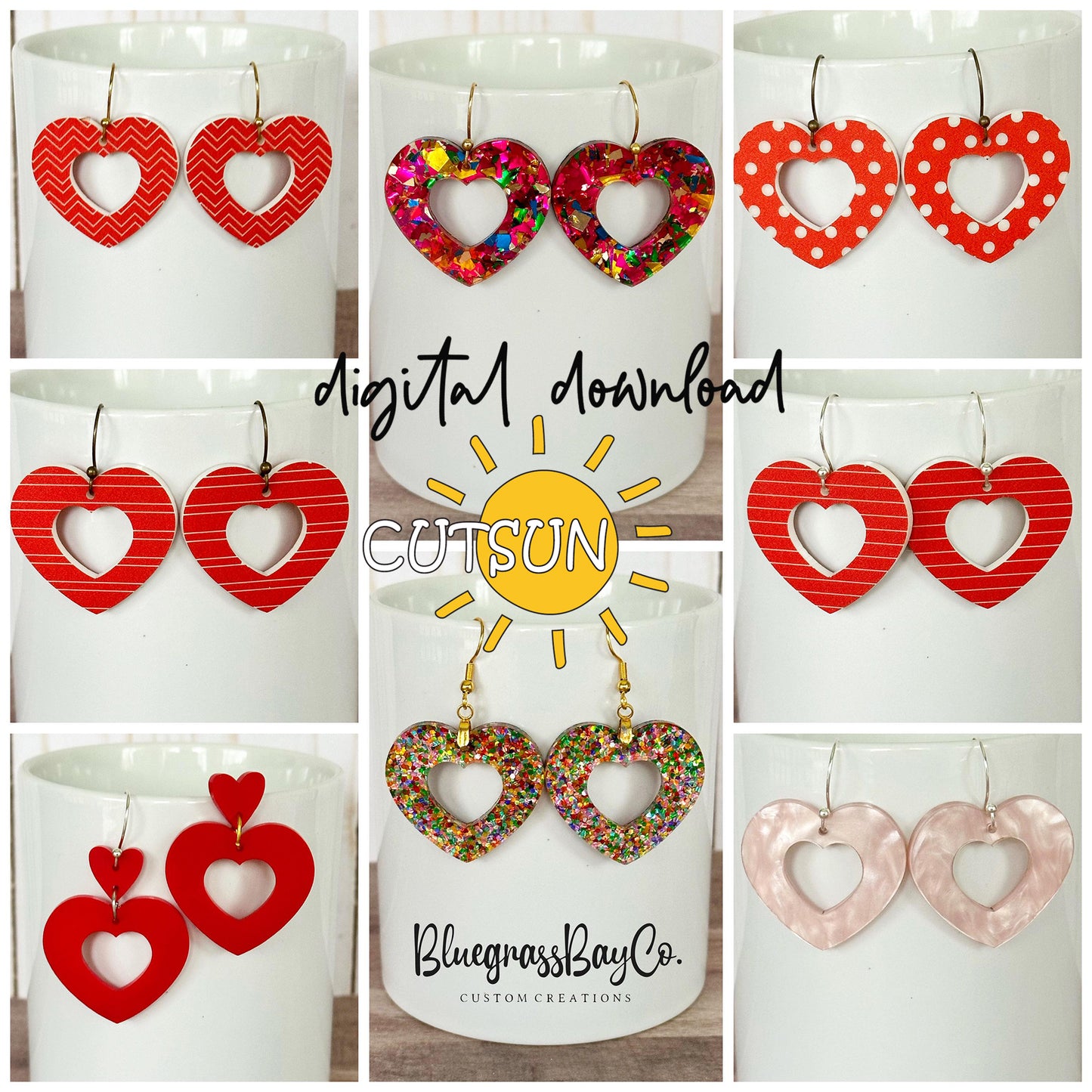 Collage of heart-shaped earrings with various designs on a white background, featuring the brand 'Bluegrass Bay Co.'