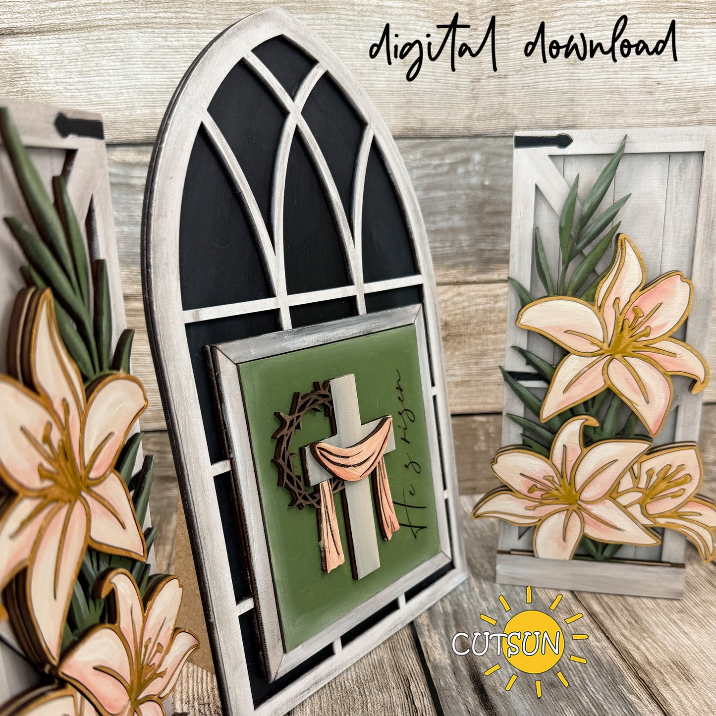 He Is Risen Interchangeable Farmhouse Window Add-On SVG – Easter Cross Layered Laser Cut File