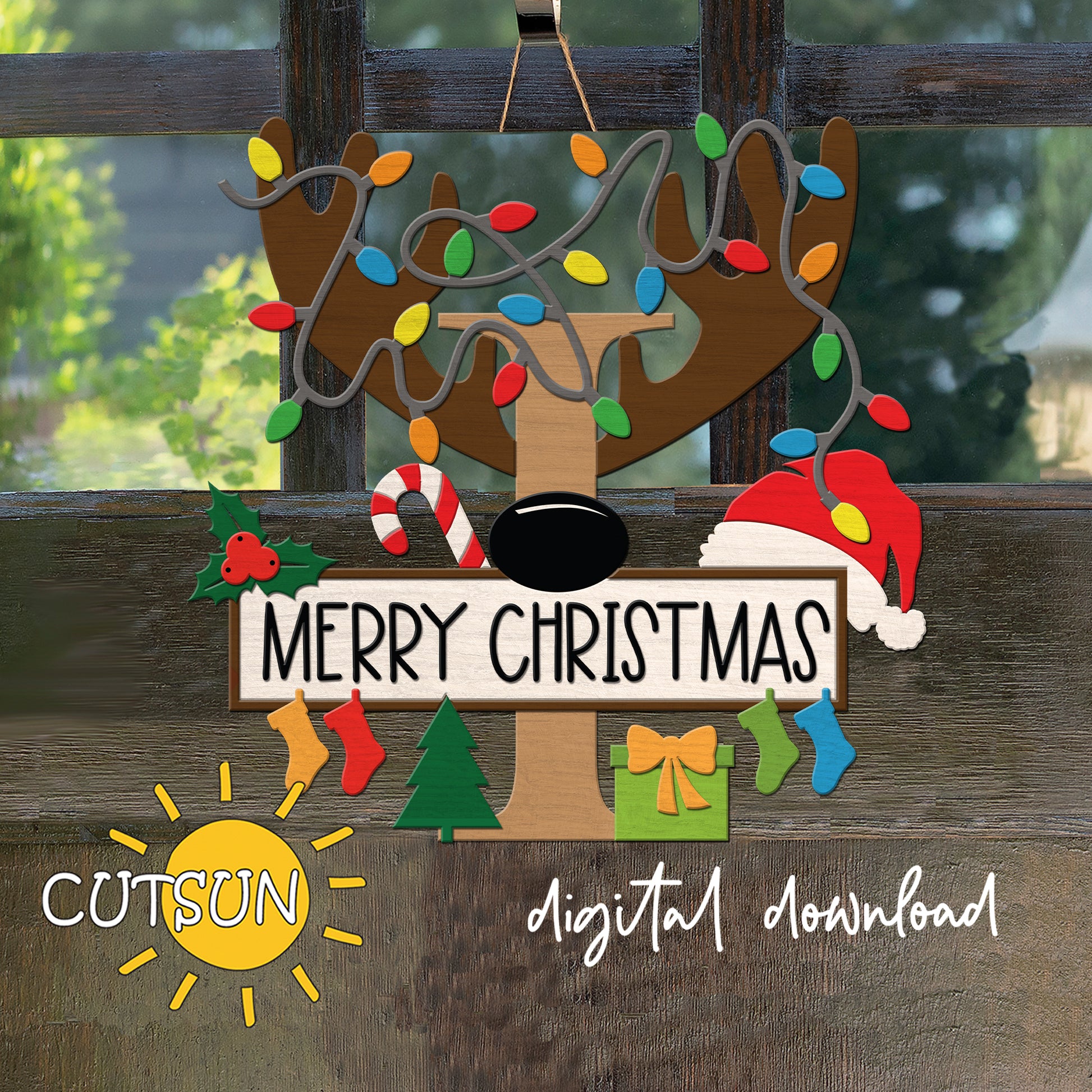 Laser cut Christmas door sign - monogram letter I with antlers, Christmas lights, candy cane, holly berry, a Christmas tree, a present, Santa hat and four stockings.