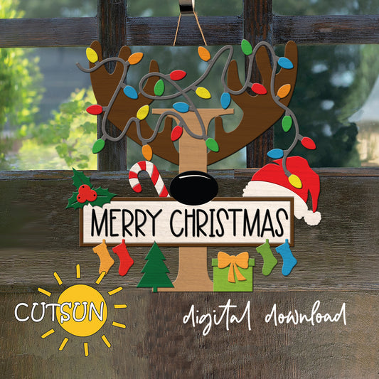 Laser cut Christmas door sign - monogram letter I with antlers, Christmas lights, candy cane, holly berry, a Christmas tree, a present, Santa hat and four stockings.