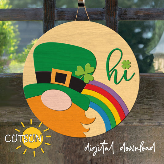 St. Patrick’s Day Gnome Door Hanger SVG | Leprechaun Hi Welcome Sign | Laser Cut File for Holiday Front Door Decor