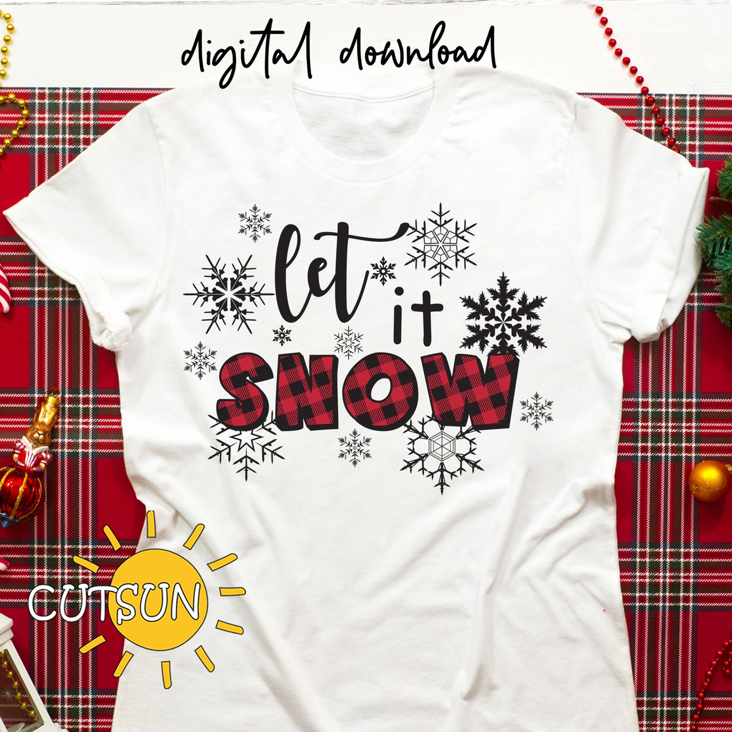 Let it snow SVG with snowflakes and Buffalo plaid texture